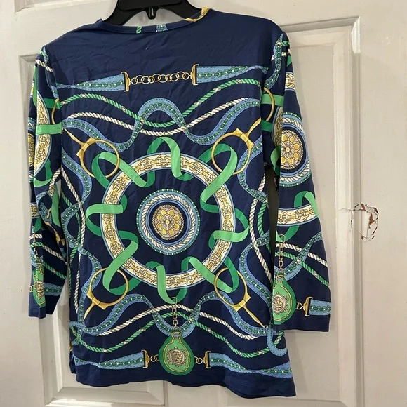 JM Collection Navy Long Sleeve Top with Green & Gold Chain Print - Picture 2 of 2